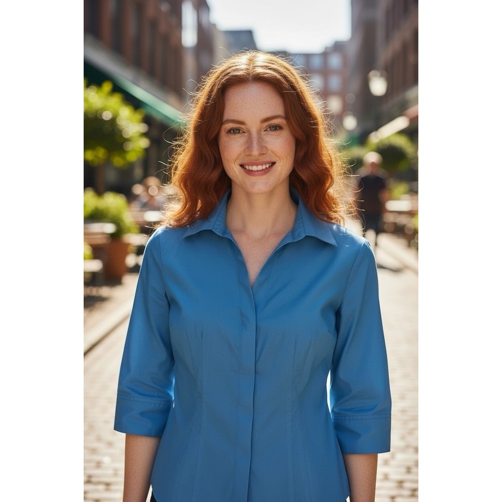 Foxcroft Shirt Women 8 Blue 100% Cotton Non Iron Top Blouse Button Up Down